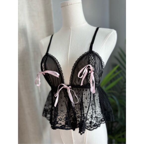 Leg Avenue‎ Black Lace Pink Bow Lingerie Babydoll Top Whimsigoth Coquette y2k - Picture 1 of 6